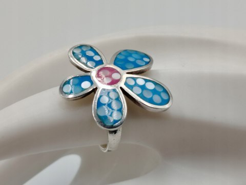 Piękny srebrny damski pierścionek KWIAT emalia r.17/18 srebro 925 biżuteria