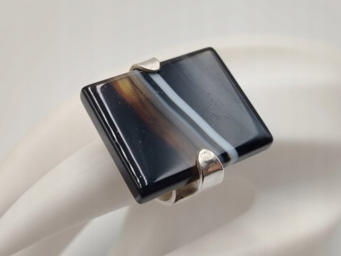 Piękny stary duży srebrny damski pierścionek ONYKS r.13 srebro biżuteria