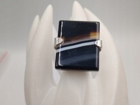 Piękny stary duży srebrny damski pierścionek ONYKS r.13 srebro biżuteria