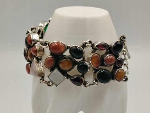 Piękna stara srebrna damska bransoletka MIX kamieni biżuteria VINTAGE