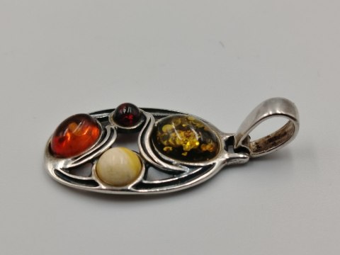 Piękny ażurowy srebrny damski wisiorek/zawieszka bursztyn biżuteria VINTAGE