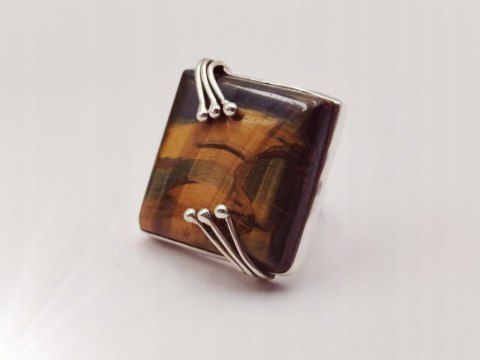 Piękny stary srebrny damski pierścionek TYGRYSIE OKO r.14 srebro biżuteria