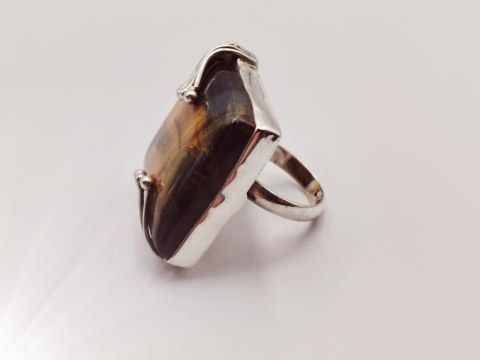 Piękny stary srebrny damski pierścionek TYGRYSIE OKO r.14 srebro biżuteria