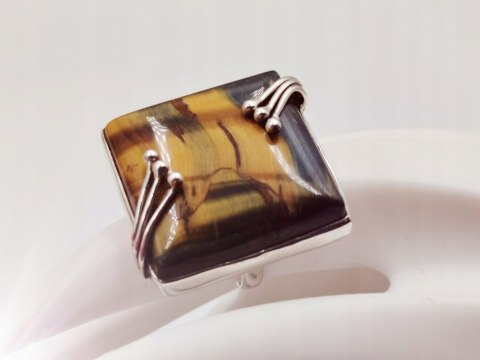 Piękny stary srebrny damski pierścionek TYGRYSIE OKO r.14 srebro biżuteria