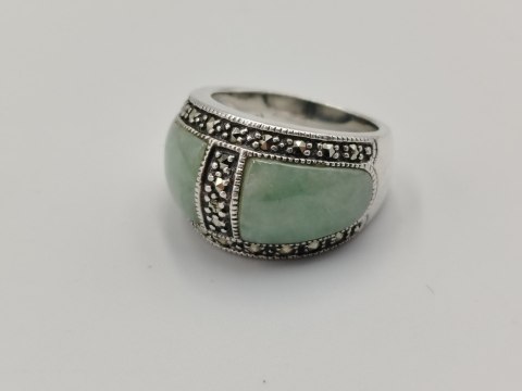 Stary piękny srebrny pierścionek JADEIT MARKAZYTY r. 11 biżuteria VINTAGE