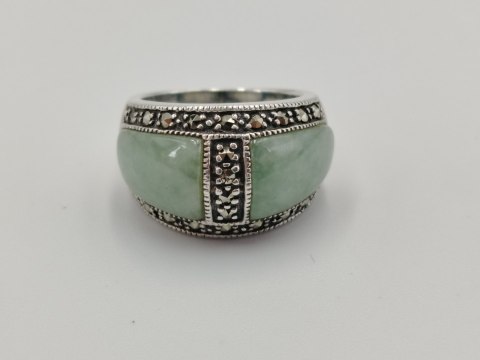 Stary piękny srebrny pierścionek JADEIT MARKAZYTY r. 11 biżuteria VINTAGE