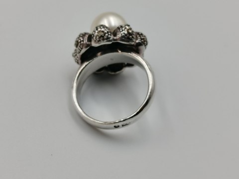 Stary srebrny pierścionek PERŁA MARKAZYTY r.14 srebro 925 VINTAGE biżuteria