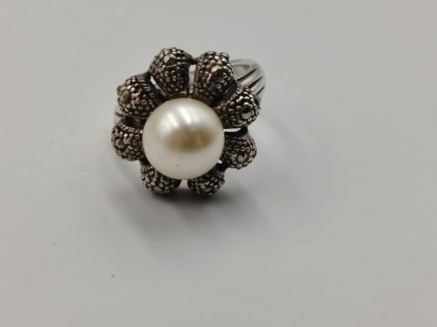 Stary srebrny pierścionek PERŁA MARKAZYTY r.14 srebro 925 VINTAGE biżuteria