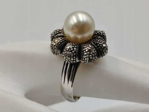 Stary srebrny pierścionek PERŁA MARKAZYTY r.14 srebro 925 VINTAGE biżuteria