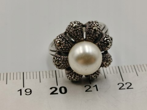 Stary srebrny pierścionek PERŁA MARKAZYTY r.14 srebro 925 VINTAGE biżuteria