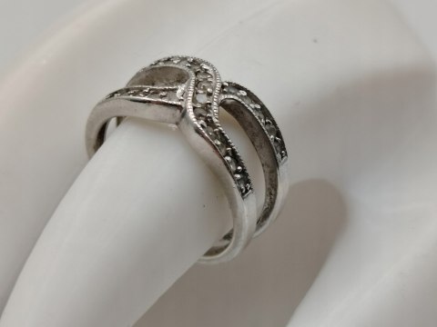 Stary srebrny pierścionek/obrączka ażurowa CYRKONIE r.14 srebro 925 VINTAGE