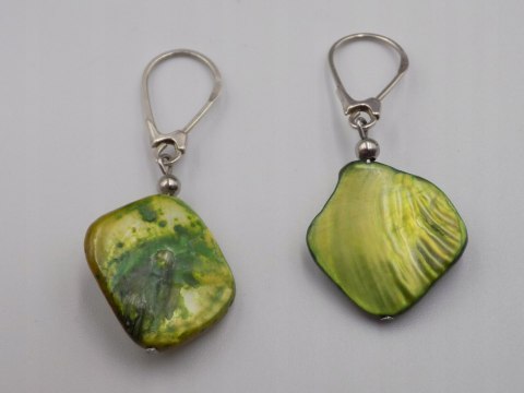 Stare srebrne kolczyki limonkowo-zielone, masa perłowa VINTAGE biżuteria
