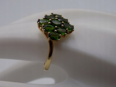 Piękny damski srebrny, pozłacany pierścionek - zielone cyrkonie - roz. 23