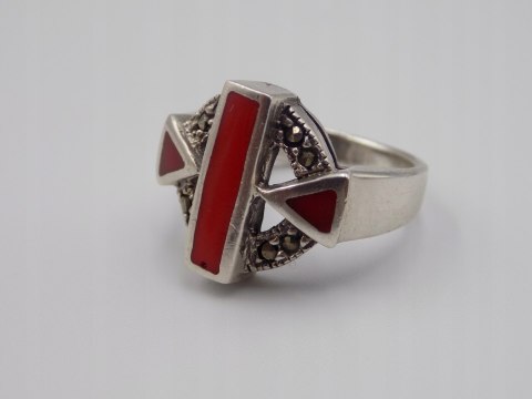 Stary srebrny pierścionek emalia+markazyty roz.13 srebro biżuteria VINTAGE