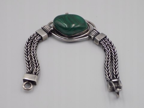 Stara, srebrna, damska, bransoletka - malachit - srebro 925, w: 63,94 g.