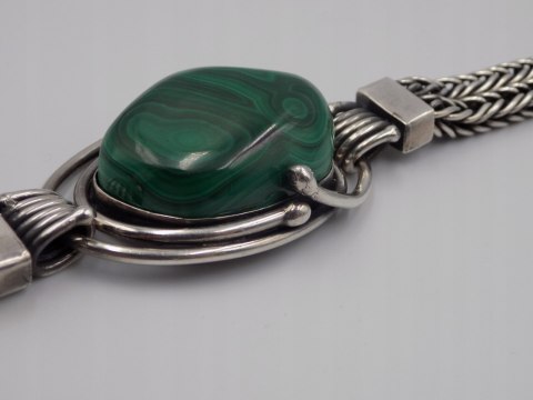 Stara, srebrna, damska, bransoletka - malachit - srebro 925, w: 63,94 g.