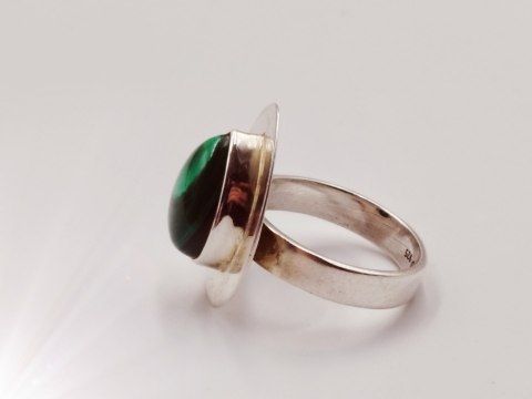 Piękny srebrny damski pierścionek KABOSZON MALACHIT r.16 VINTAGE biżuteria
