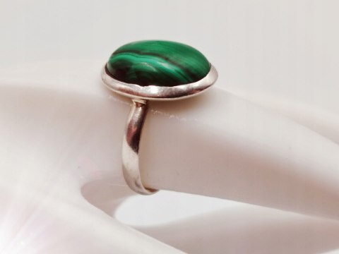Piękny srebrny damski pierścionek KABOSZON MALACHIT r.16 VINTAGE biżuteria