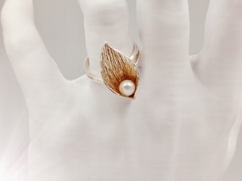 Piękny srebrny damski pierścionek LIŚĆ+PERŁA r.18/19 biżuteria VINTAGE