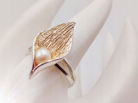 Piękny srebrny damski pierścionek LIŚĆ+PERŁA r.18/19 biżuteria VINTAGE