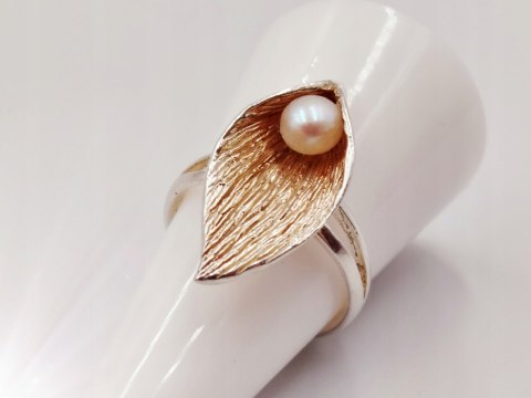 Piękny srebrny damski pierścionek LIŚĆ+PERŁA r.18/19 biżuteria VINTAGE
