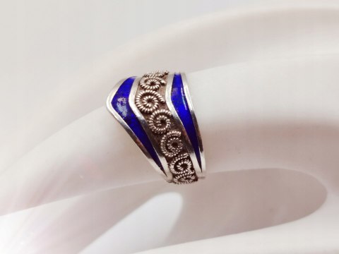 Piękny autorski stary damski srebrny pierścionek/obrączka r.10/11 EMALIA