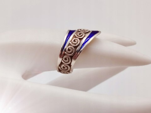 Piękny autorski stary damski srebrny pierścionek/obrączka r.10/11 EMALIA