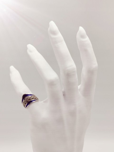 Piękny autorski stary damski srebrny pierścionek/obrączka r.10/11 EMALIA
