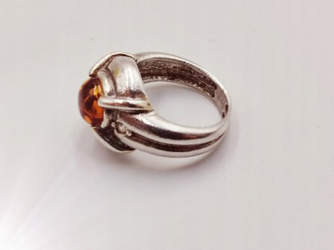 Piękny stary srebrny damski pierścionek BURSZTYN CYRKONIE r.12 VINTAGE