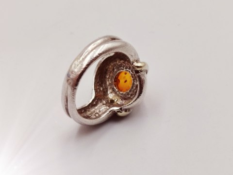 Piękny stary srebrny damski pierścionek BURSZTYN CYRKONIE r.12 VINTAGE