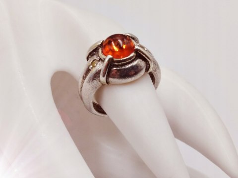 Piękny stary srebrny damski pierścionek BURSZTYN CYRKONIE r.12 VINTAGE