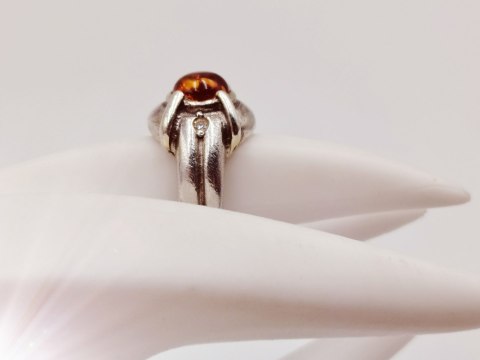 Piękny stary srebrny damski pierścionek BURSZTYN CYRKONIE r.12 VINTAGE