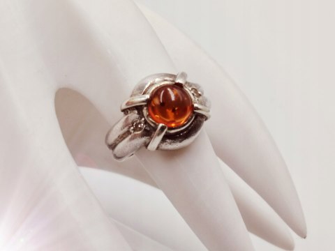 Piękny stary srebrny damski pierścionek BURSZTYN CYRKONIE r.12 VINTAGE